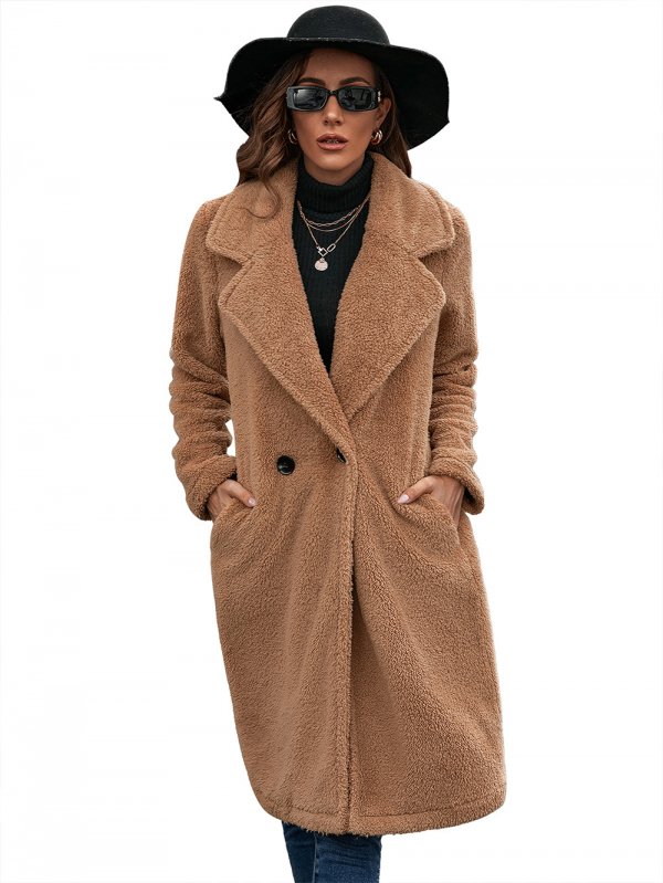 Single-Breasted Mid-Plush Trench Coat Loose-Collar Lambswool Coat